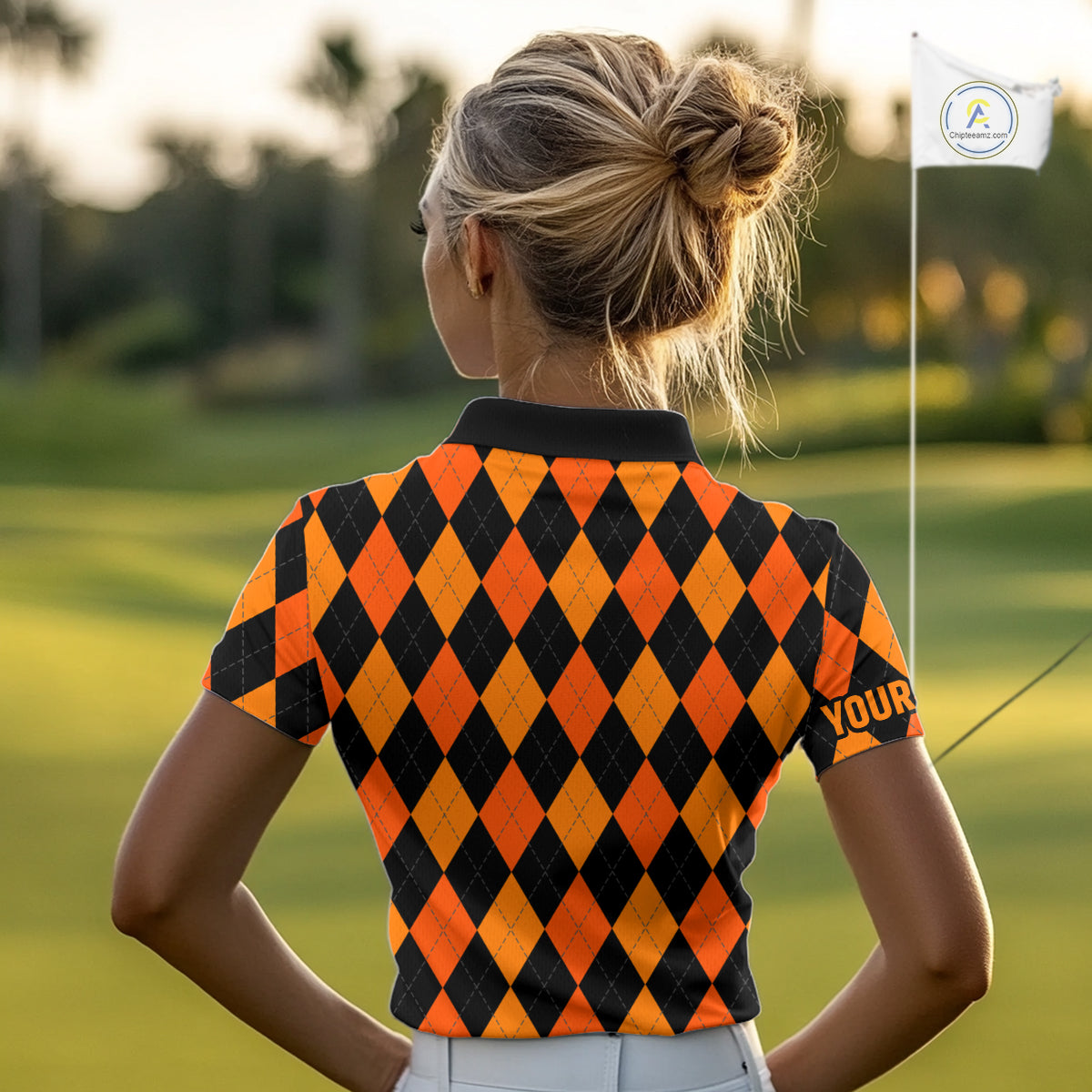 Funny Women golf polo shirt custom orange and black argyle plaid Halloween Skull ladies golf attire NQS10355