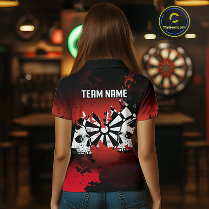 Women's Custom Darts Shirt With Grunge Red Camo Broken Dartboard & Skull Art NYN0269