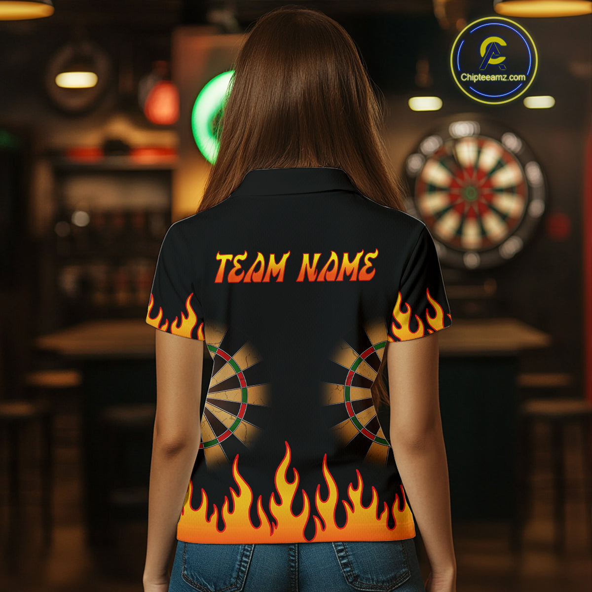 Women's Personalized Darts Shirt With Black Flame Pattern And Fiery Dartboard NYN0265
