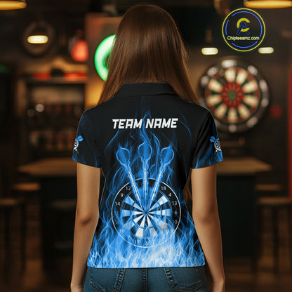 Custom Wolf Dart Shirts For Women – Fire Flame Dartboard Darts Team Jerseys Polo & Quarter Zip |Blue TDM4043