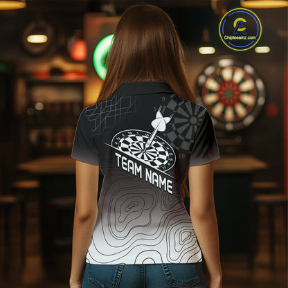 Women's Custom Dart Shirt, Darts Hitting The Bullseye With Black-To-White Gradient NYN0249