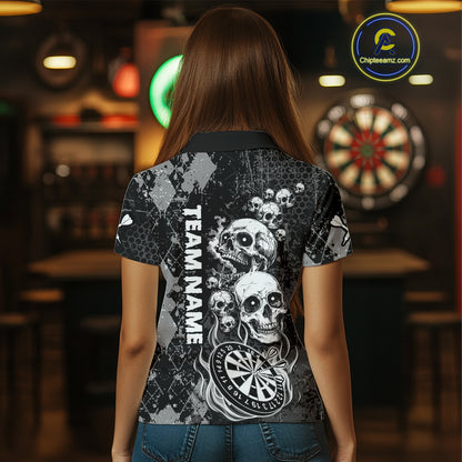 Black Grey Grunge Argyle Skull Dart Shirts Custom Women's Dart Jerseys Team Polo & Quarter Zip TDM3836