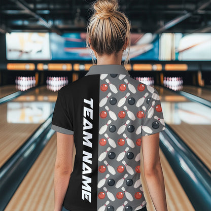 Dark Grey Bowling Pattern Custom Women Bowling Polo & Quarter-Zip Shirts Bowling Team Jerseys HNT45