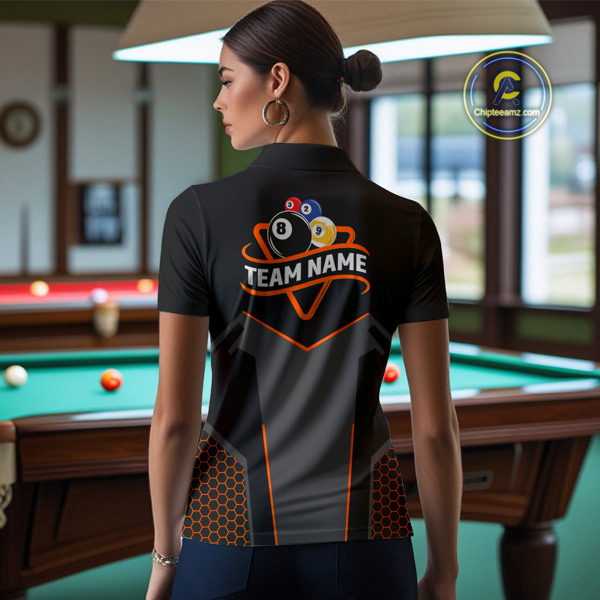 Personalized 8&9 Ball Pool Billiard Polo, 1/4 Zip For Women Custom Team Billiard Jersey|Orange TDM4049