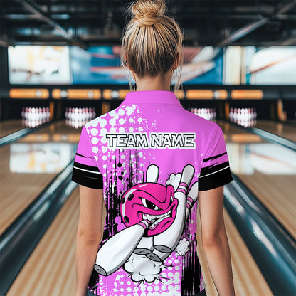 Personalized Pink Funny Crazy Bowling Shirt for Women Polo & Quarter-Zip Bowling Jersey with Team HNT03