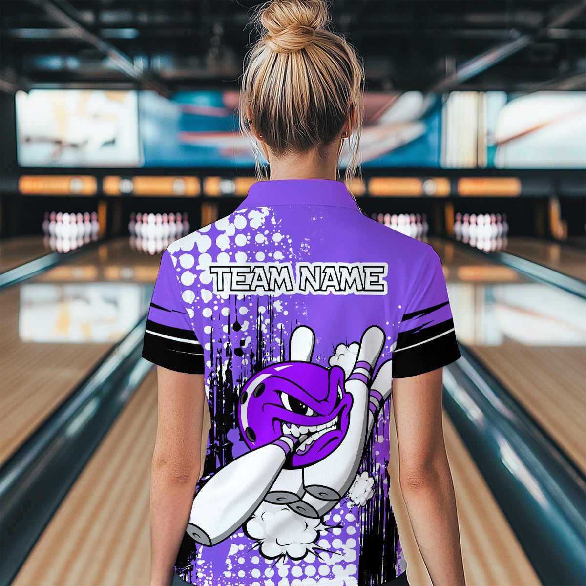Personalized Purple Funny Crazy Bowling Shirt for Women Polo & Quarter-Zip Bowling Jersey with Team HNT03