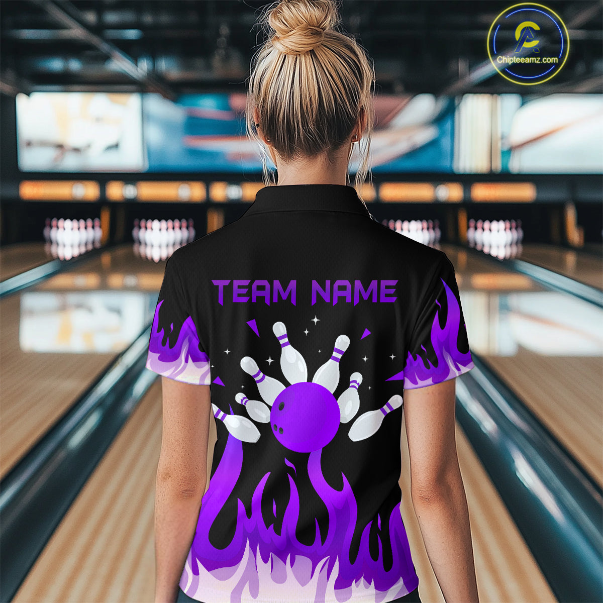 Custom Purple Flame Bowling Shirts for Women Polo & Quarter-Zip Bowling Team Jerseys HNT82