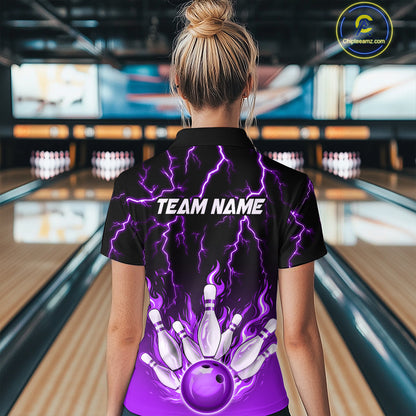 Purple Thunder Bowling Custom Women Bowling Shirt Polo & Quarter-Zip Bowling Team Shirts HNT71