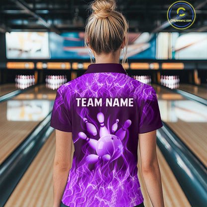 Custom Purple Flame Bowling Jersey for Women Polo & 1/4 Zip Bowling Team Shirts Bowling League HNT150
