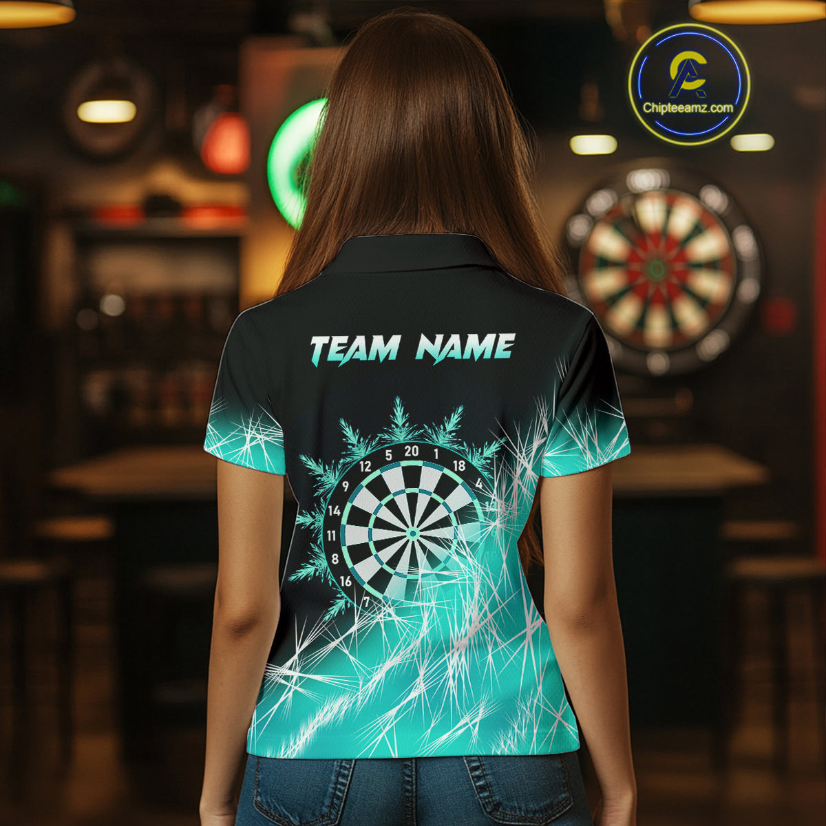 Turquoise Icy Lights Womens Darts Polo & Quarter Zip Custom Dart Shirt For Team Darts Jersey Outfit TDM4150