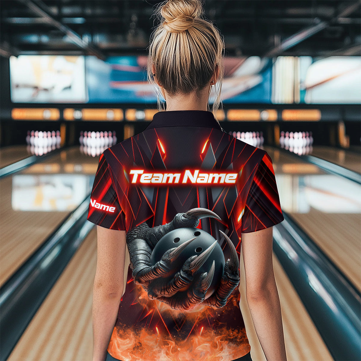 Red & Black Flame Dragon Bowling Shirt Polo Bowling Team League for Men Women Bowling Gifts QZT668