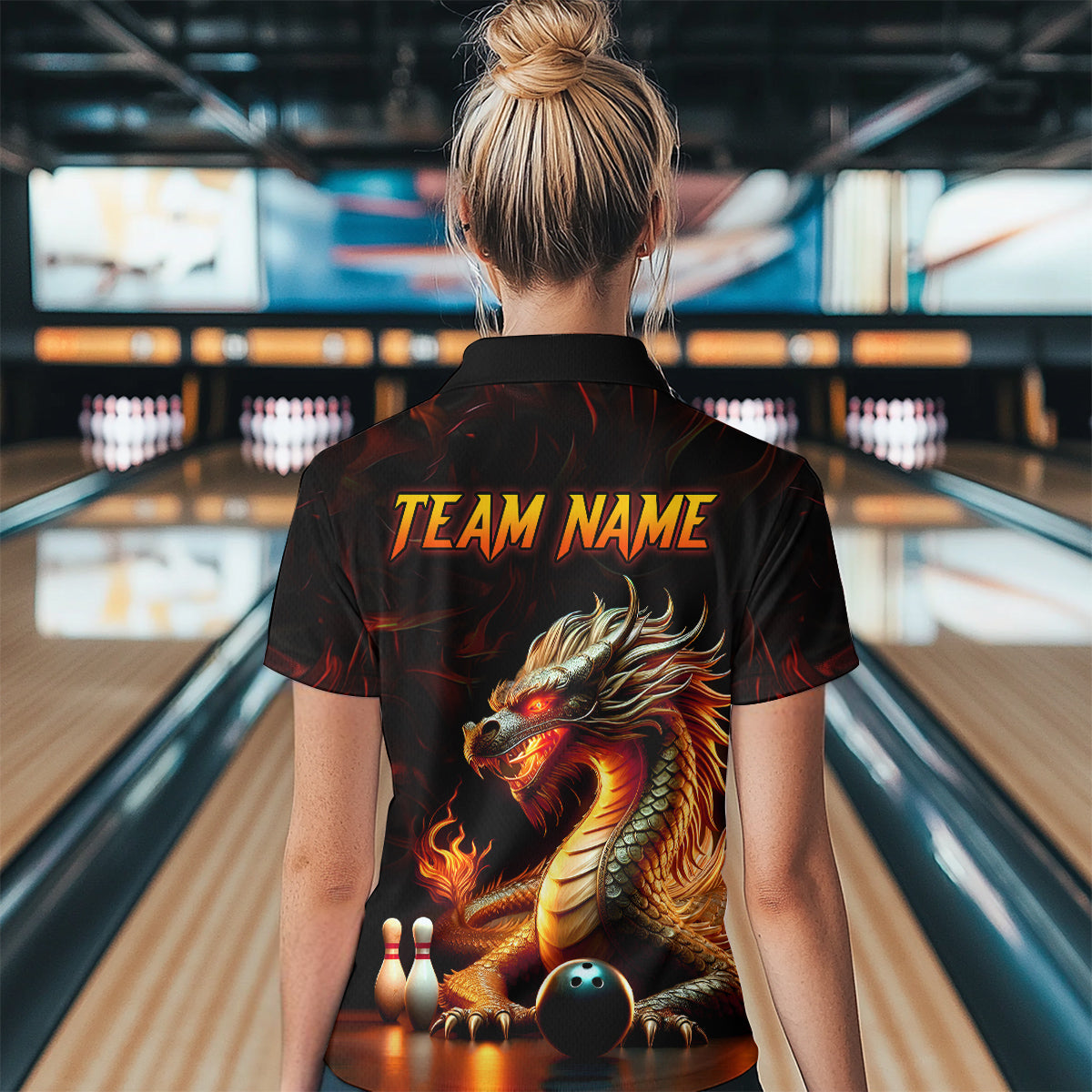 Orange & Black Flame Dragon Bowling Ball Pins Custom Bowling Polo Shirt Bowling Team Jersey QZT667