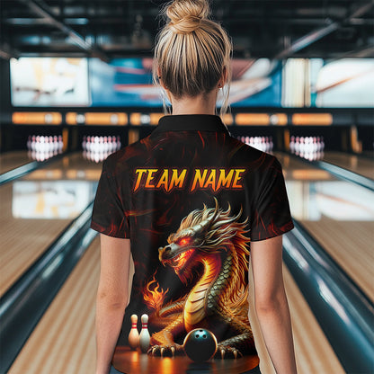 Orange & Black Flame Dragon Bowling Ball Pins Custom Bowling Polo Shirt Bowling Team Jersey QZT667