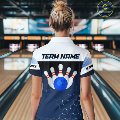 White and Blue Bowling Shirts for Men Women Team Custom Bowling Polo & Quarter Zip MBL105