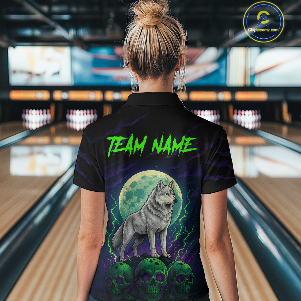 Purple And Green Wolf & Skull Bowling Team Shirt for Women Custom Bowling League Jersey Bowling Unisex QZT732