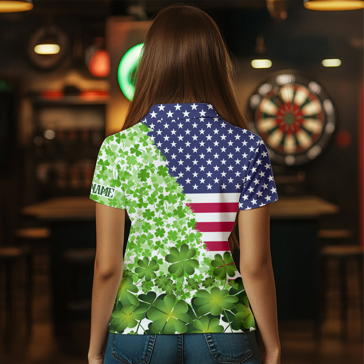American flag St Patrick day shamrock pattern custom St Patrick Team Darts Shirts For Women NQS9582