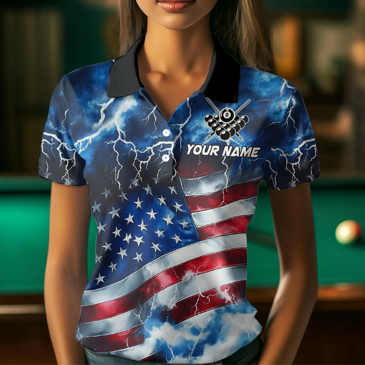 US Flag Thunder Billiards Shirt Women Polo & 1/4 Zip Shirts Billiard Team Jersey for Team NNT11
