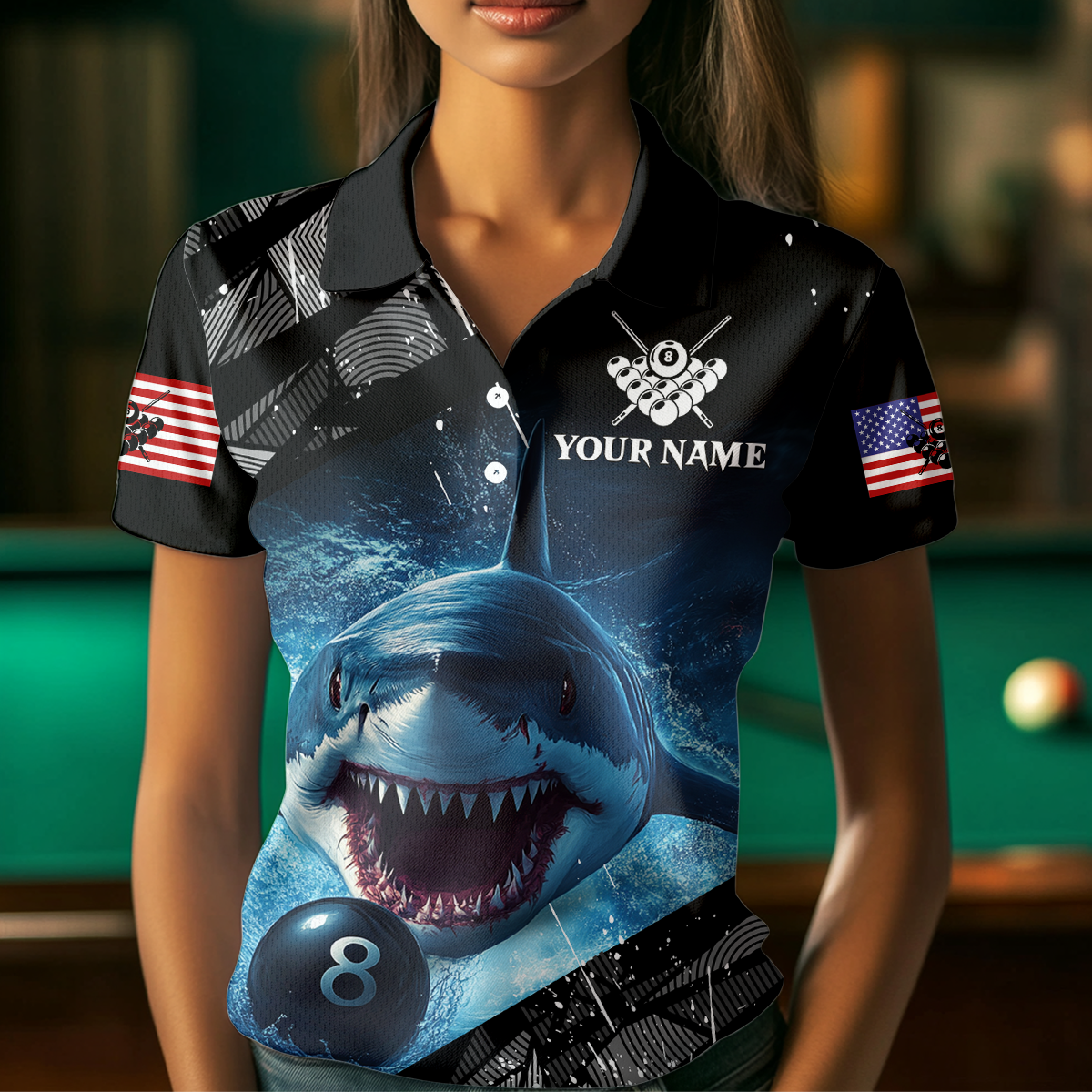 Funny Blue Shark Ball Pool Billiard for Women Billiard Shirts Polo & 1/4 Zip Shirt Team NNT18