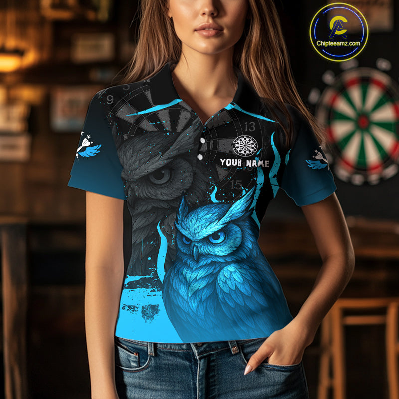 Women’s Darts Shirt With Navy Owl And Grunge Dartboard, Custom Name Option NYN0305