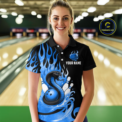 Custom Blue Flame Cobra Snake Bowling Shirt Polo Bowling Team League Bowling Jersey QZT694