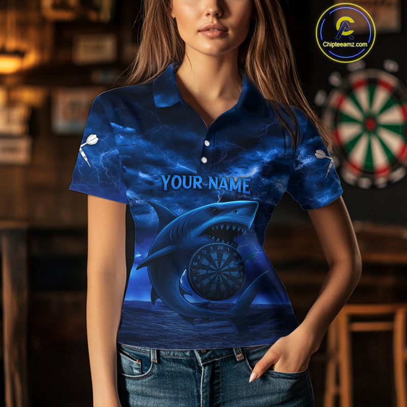 Women's Custom Darts Shirt - Cobalt Lightning Shark In Ocean With Dartboard And Arrow NYN0330