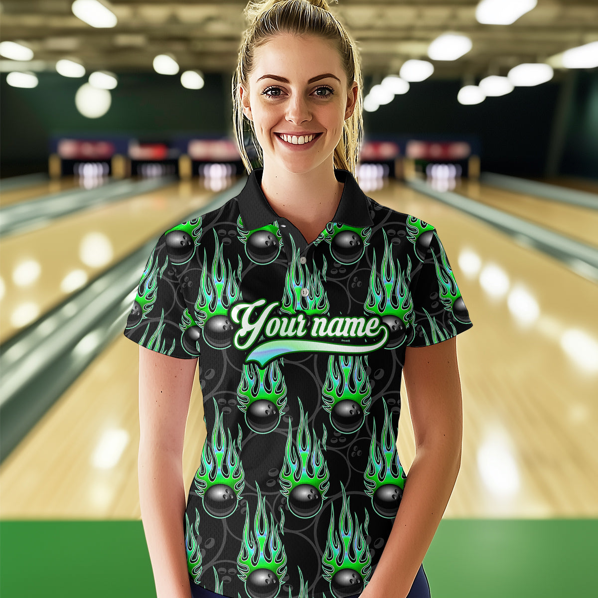 Black Bowling Ball Camo Green Flame Bowling Polo, 1/4 Zip Shirt for Women Custom Bowling Team Jersey NQS9479