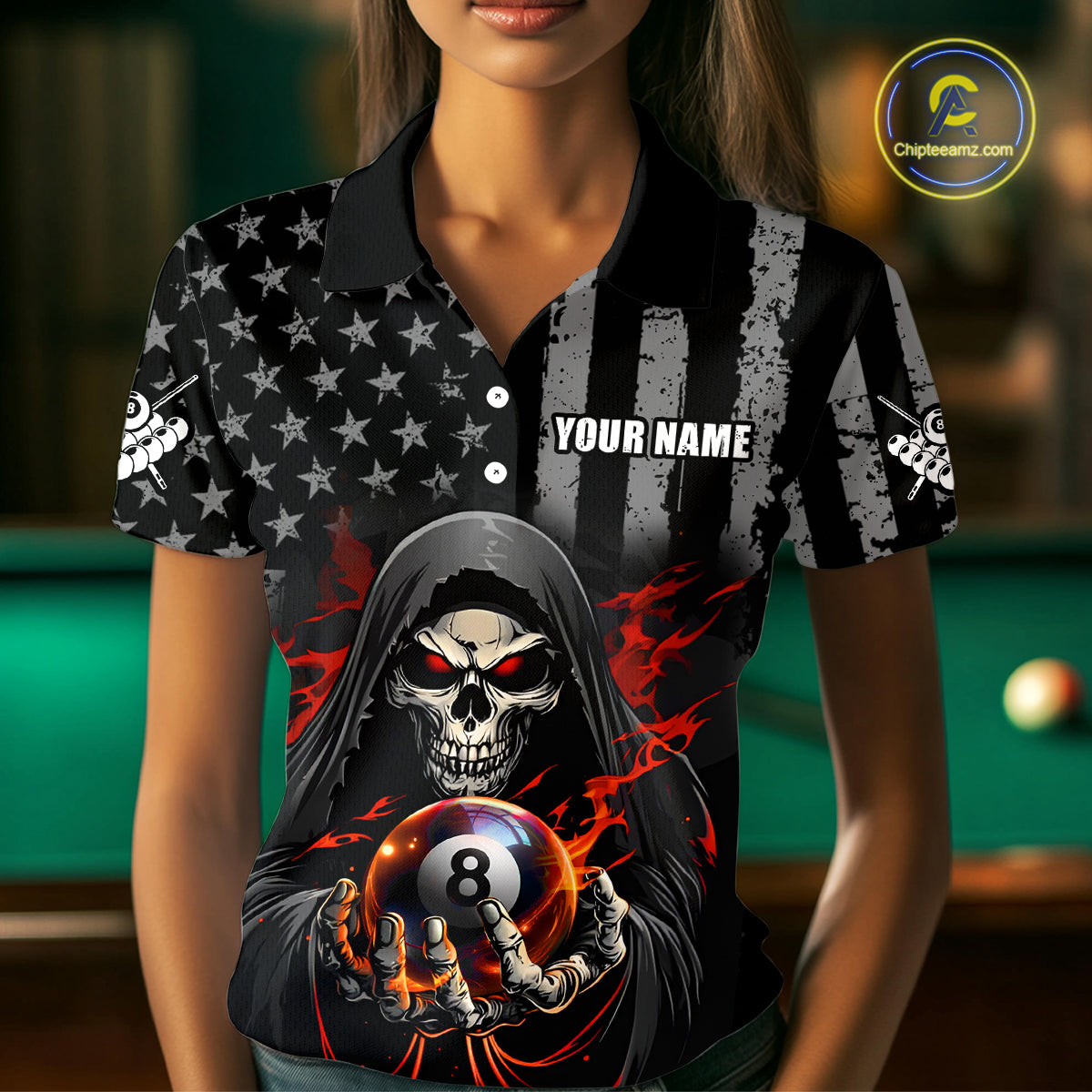 US Flag Skull Billiard Team Jersey for Women Billiard Shirt Polo & 1/4 Zip NNT40
