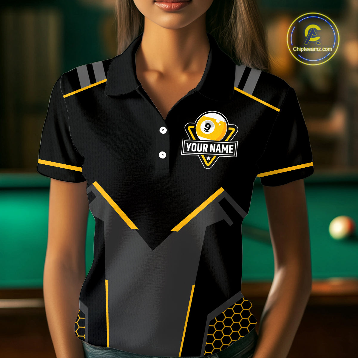Personalized Yellow Black 9 Ball Billiard Shirt For Women, 9 Ball Pool Team Jersey Polo & 1/4 Zip TDM4476