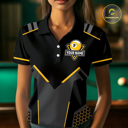 Personalized Yellow Black 9 Ball Billiard Shirt For Women, 9 Ball Pool Team Jersey Polo & 1/4 Zip TDM4476