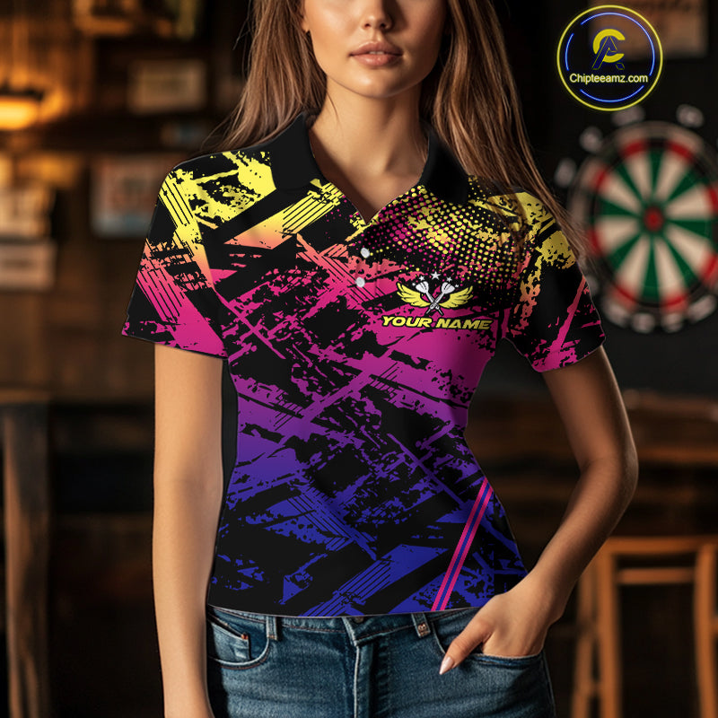 Purple Pink Yellow Grunge Aim Shoot Swear Repeat Dart Shirt For Women Custom Funny Darts Team Jersey TDM4034