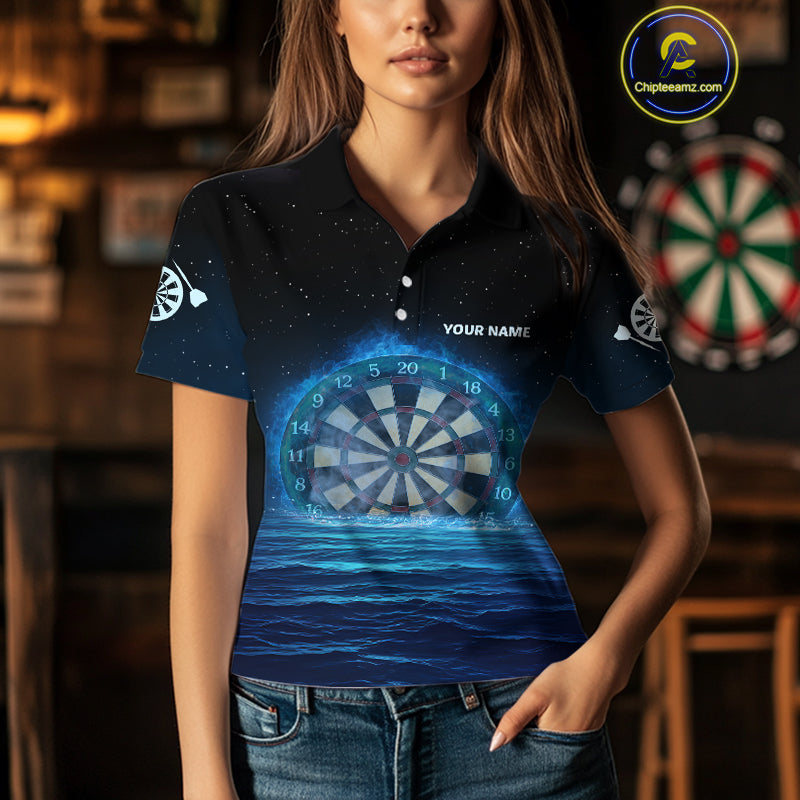 Women’s Personalized Darts Shirts With Navy Ocean, Stars Sky And Glowing Dartboard NYN0259