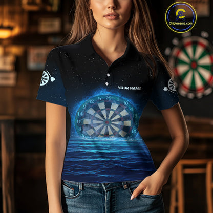 Women’s Personalized Darts Shirts With Navy Ocean, Stars Sky And Glowing Dartboard NYN0259