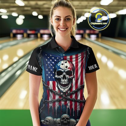 US Flag Skull Bowling Custom Women Bowling Shirt Polo & Quarter-Zip Bowling Team Shirts HNT74