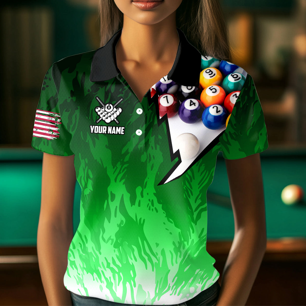 Personalized Green Pool Player Billiard 8 Ball Polo & 1/4 Zip For Women Custom Billiard Shirt Jerseys TDM3657