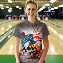 Load image into Gallery viewer, Custom American Flag Skull Flame Bowling Women Polo &amp; 1/4 Zip Shirts Bowling Team Jerseys HNT91