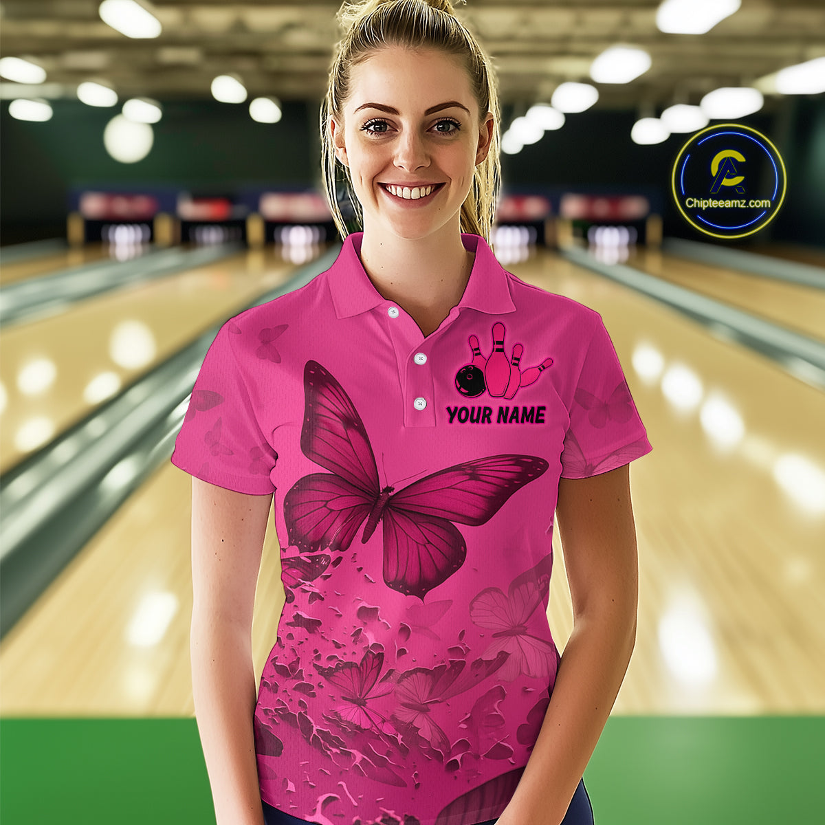 Pink Butterflies Bowling Shirts for Women Men Team Custom Bowling Polo and 1/4 Zip MBL121