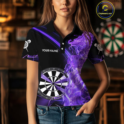 Custom Black And Purple Flame Darts Shirts For Women, Darts Team Jerseys Polo & Quarter Zip Uniform TDM4017