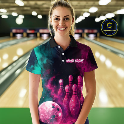 Green and Pink Smoke Bowling Shirts for Women Men Team Bowling Polo & Quarter Zip MBL129