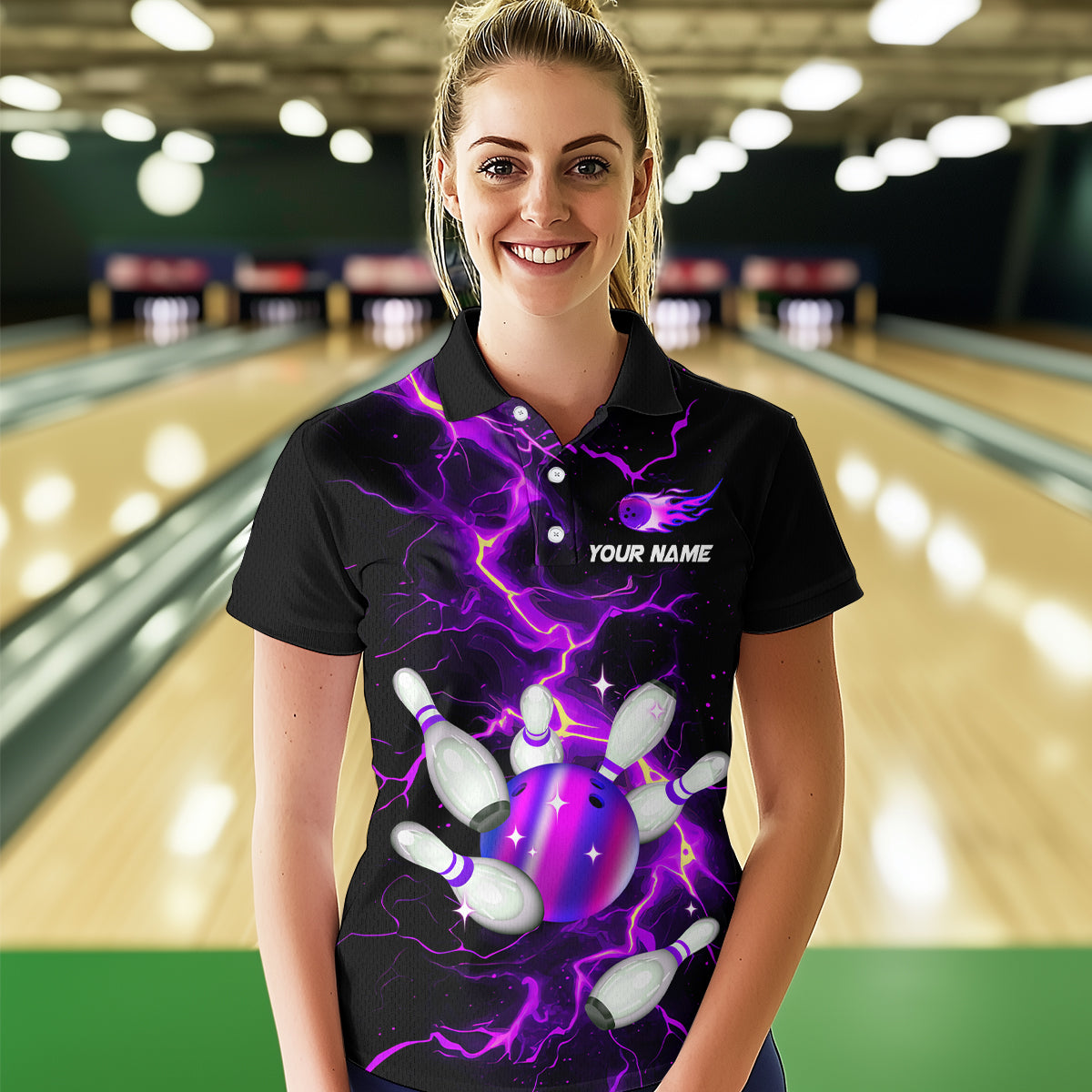 Black and Purple Lightning Bowling Shirts For Women Custom Bowling Team Uniform Bowlers Outfits NQS9597