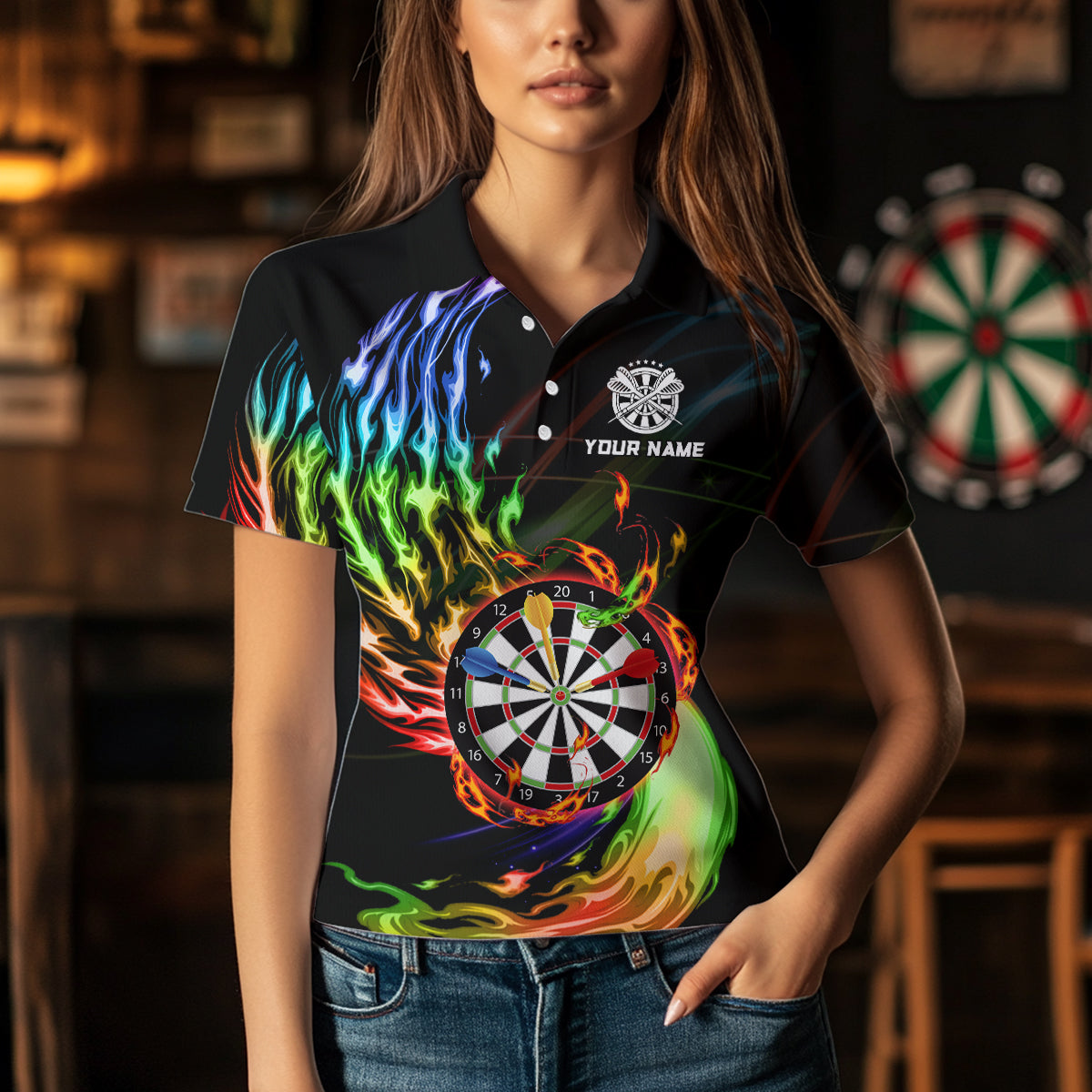Rainbow Fire Flame Dartboard Darts Polo & Quarter Zip Custom Dart Shirts For Women Dart Jerseys TDM3740