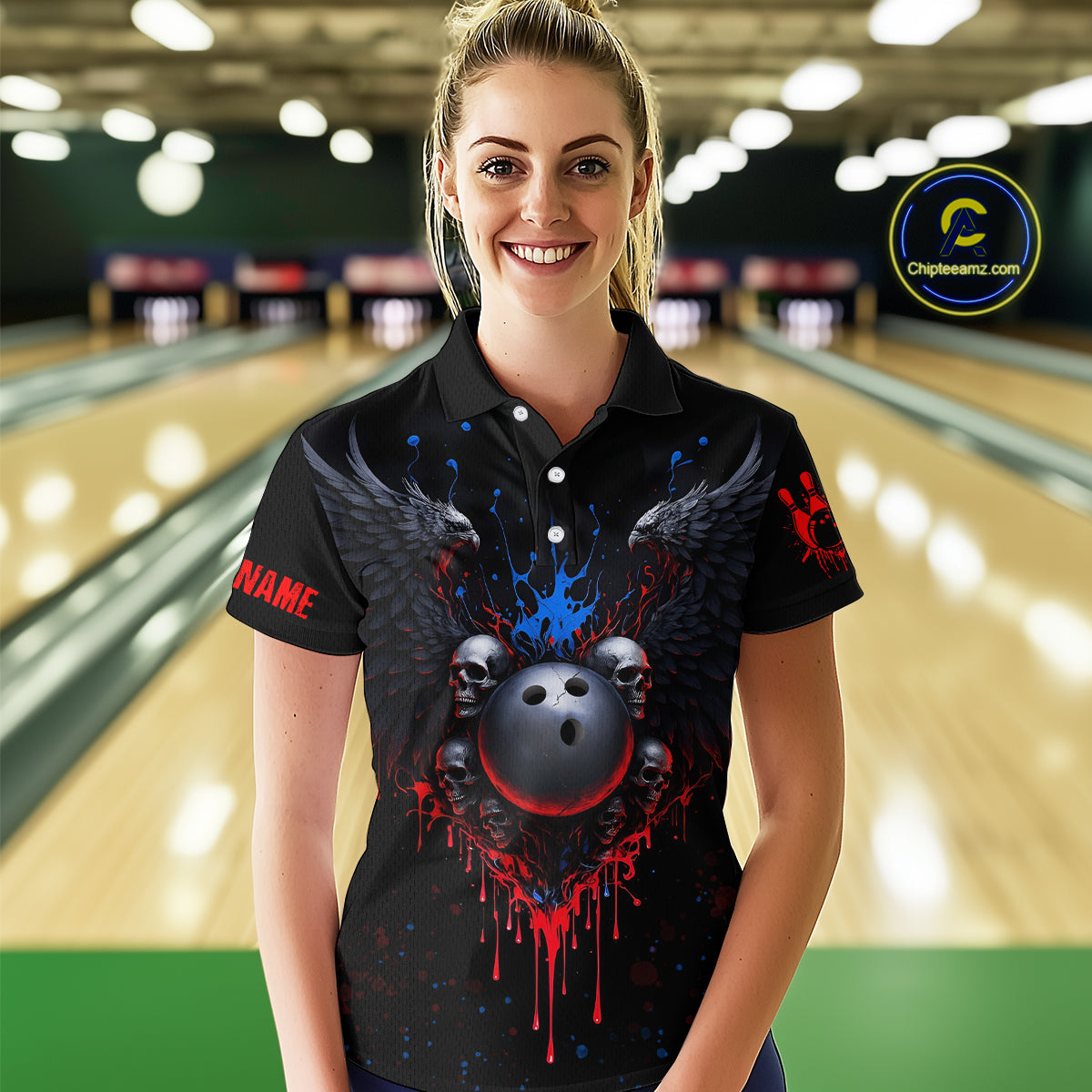 Custom Eagle Skull Bowling Women Shirts Bowling Uniform Polo & 1/4 Zip Bowling Team Jerseys HNT102