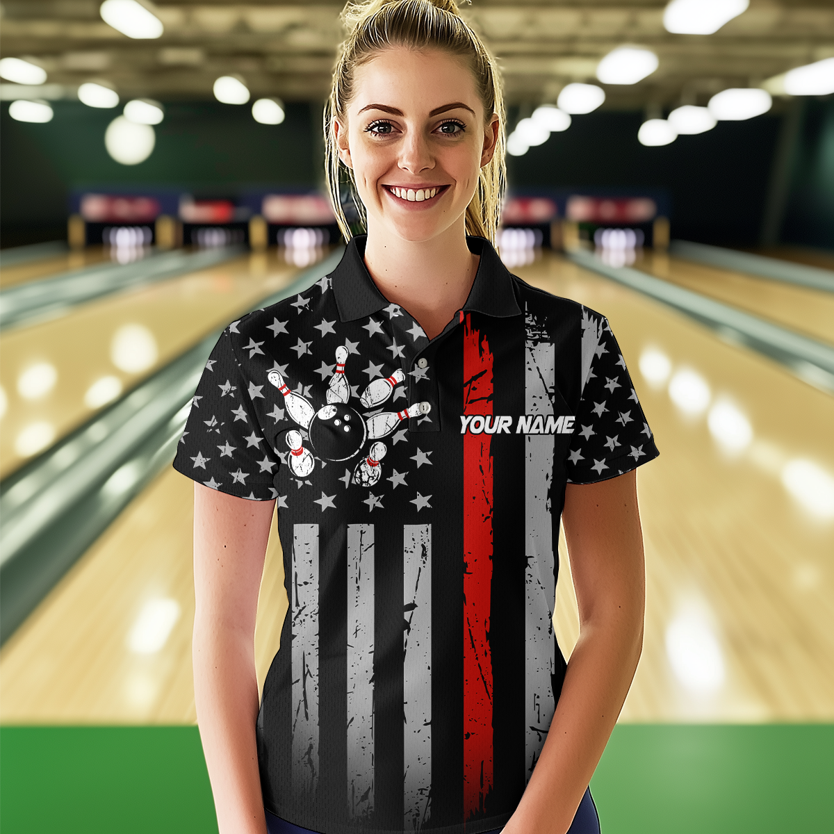 US Red Flag Bowling Shirt for Women Custom Name Polo & Quarter-Zip Bowling Jersey Bowling Team Shirt HNT23