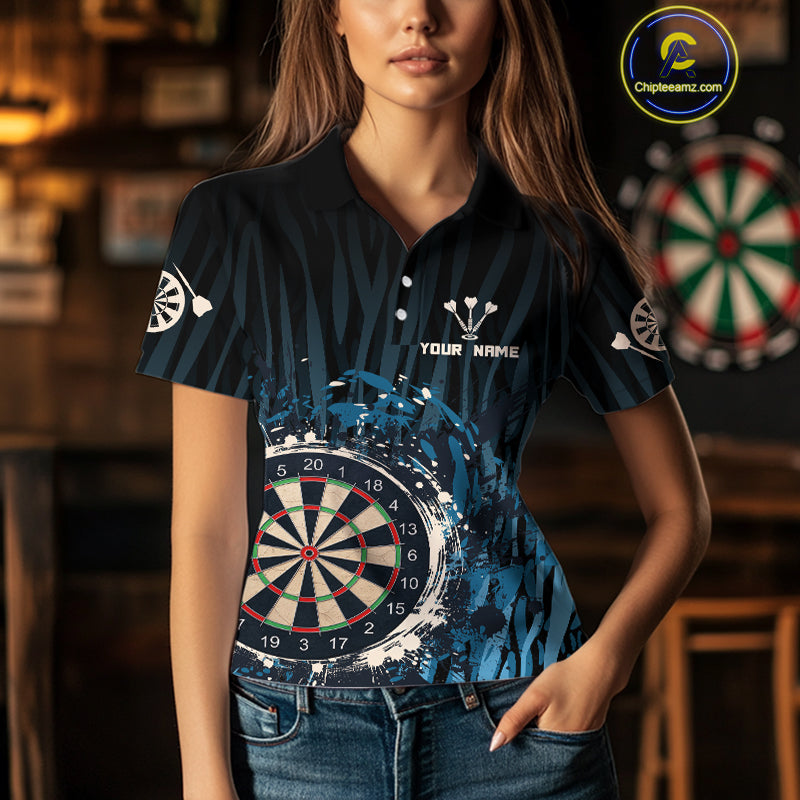 Women’s Custom Darts Team Shirt With Blue Splashed Art, Black Stripes And Dartboard NYN0255