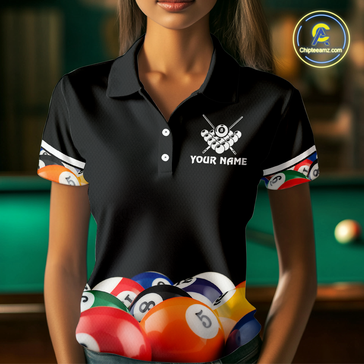 Custom Black 8 Ball Billiard Shirts for Women Billiard Team Shirts Billiard League Polo & 1/4 Zip NNT75