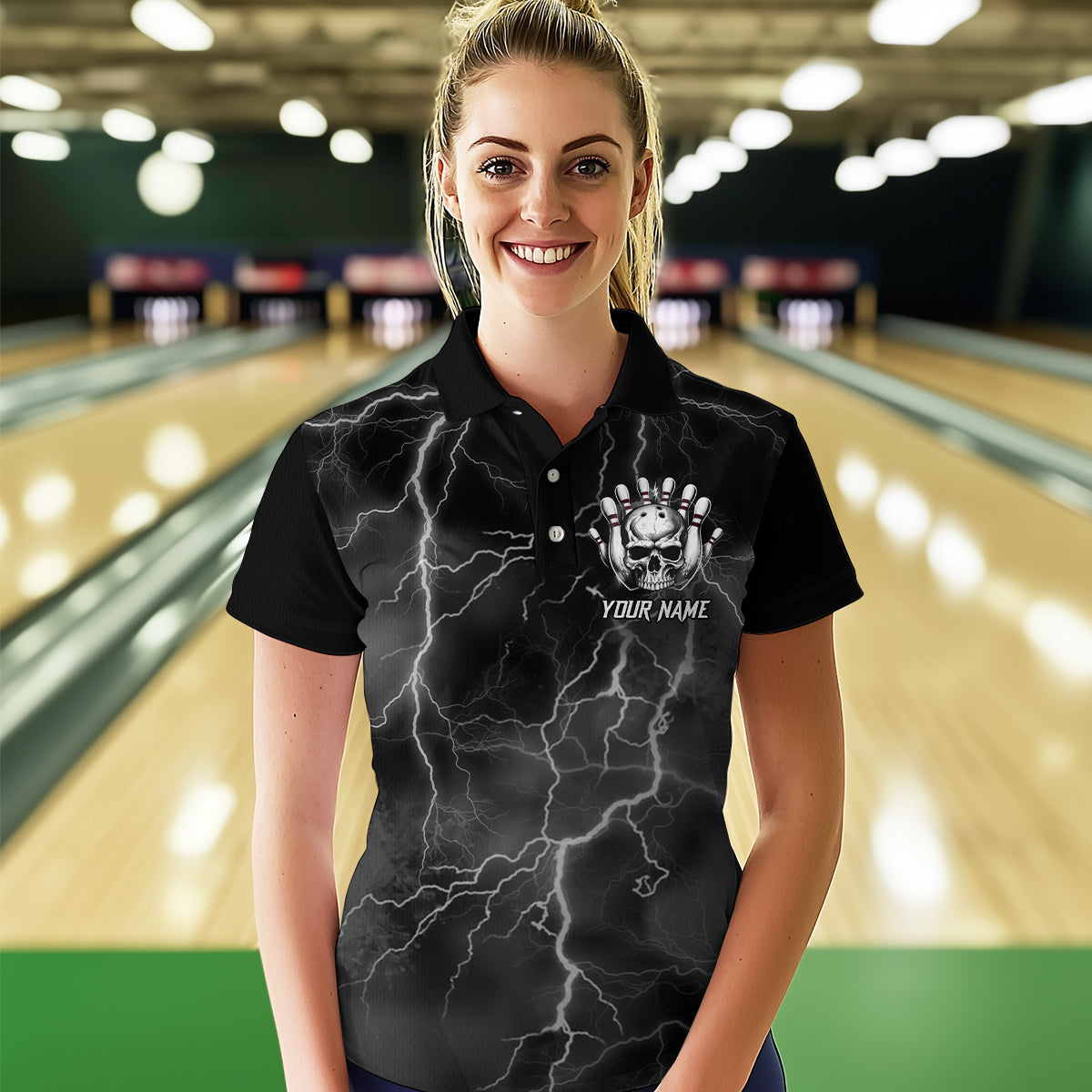 Skull Bowling League Shirt Women Bowling Jersey Team Lightning Thunder Bowling Polo Shirt BDT335