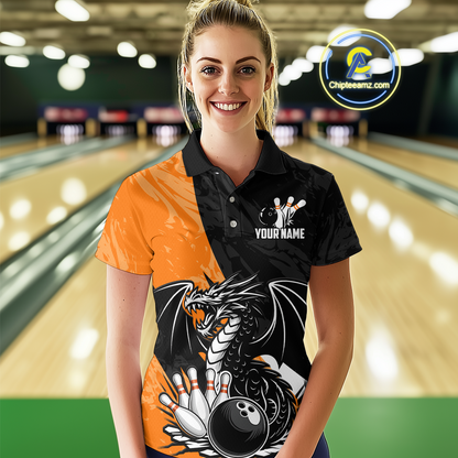 Custom Orange Dragon Bowling Women Shirts Bowling Uniform Polo & 1/4 Zip Bowling Team Jerseys HNT103