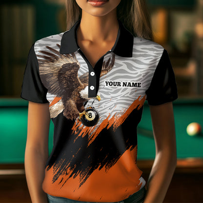 Funny Eagle Personalized Orange Camo Billiard 8 Ball Team Shirts For Women Billiard League Polo & 1/4 Zip Shirt NNT28