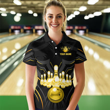 Load image into Gallery viewer, Black and Gold Custom Name Bowling Jerseys For Women Bowling Team Shirts Bowling Pin And Ball HNT26