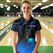 Load image into Gallery viewer, Custom Blue Thunder Skeleton Bowling Jersey for Women Bowling Polo &amp; 1/4 Zip Bowling Team Shirts HNT108