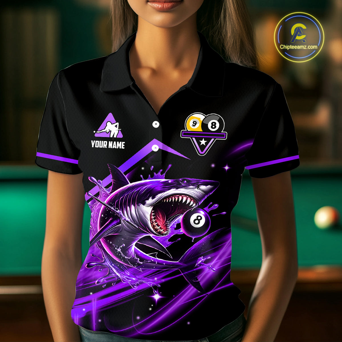 Purple 8 Ball & 9 Ball Pool Billiard Shark Polo & Quarter Zip For Women Custom Team Billiard Jerseys TDM4088